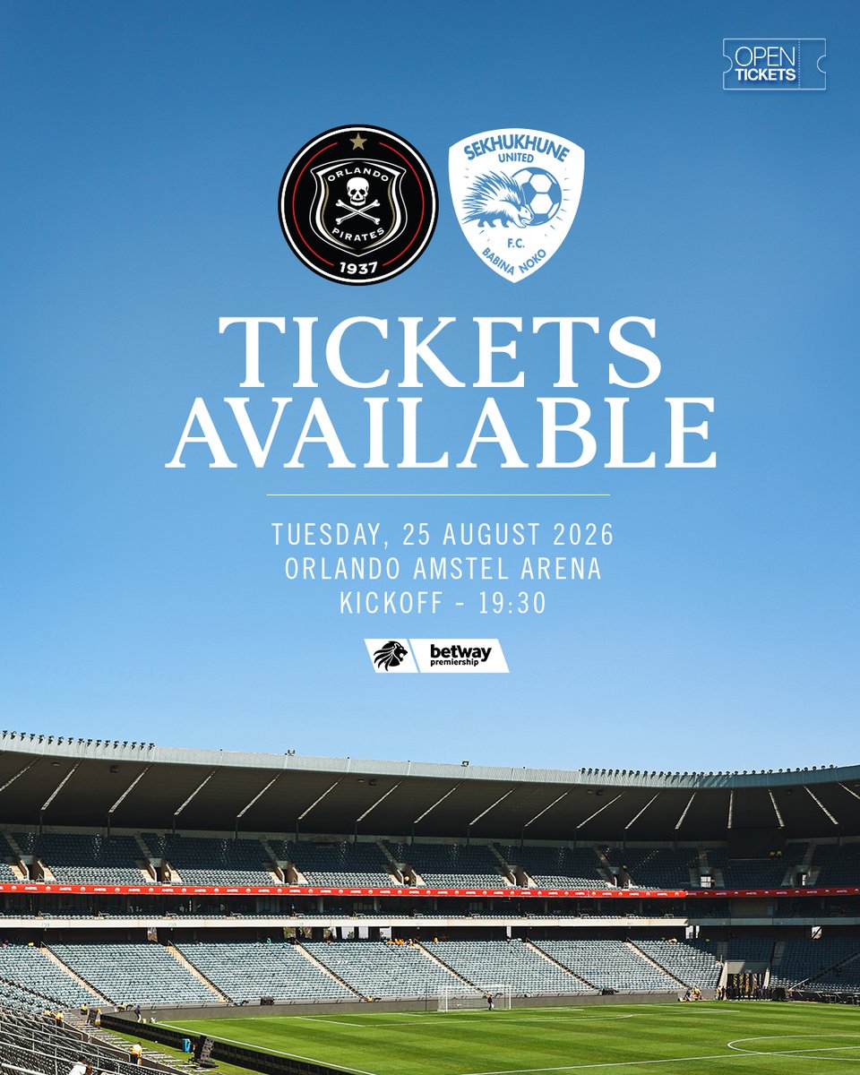 orlandopirates's tweet photo. 𝐋𝐄𝐀𝐆𝐔𝐄 𝐌𝐀𝐓𝐂𝐇 𝐓𝐈𝐂𝐊𝐄𝐓𝐒 𝐀𝐕𝐀𝐈𝐋𝐀𝐁𝐋𝐄

🆚 @SekhukhuneFc 
🗓 Tuesday, 25 August 2026
⏰ 19:30
🎟 https://t.co/b3yZKsEa7x
🧾 R100 {Suite Packages Available}
🏟 Orlando Amstel Arena
📺 @SuperSportTV 

⚫⚪🔴⭐
#OrlandoPirates
#OnceAlways https://t.co/ug2Kh0C3zo