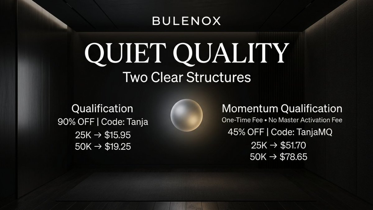 futuresedgepro's tweet photo. Loud marketing is common.  
Quiet quality is rare.

Bulenox now offers two clear structures:

Qualification  
90% off | Code: Tanja  
25K → $15.95  
50K → $19.25

Momentum Qualification  
One-time fee + No Master activation fee  
45% off | Code: TanjaMQ  
25K → $51.70  
50K → $78.65

Choose with clarity.

🔗 https://t.co/sEtr8oXaBe

#TANJA #Bulenox #FuturesTrading #Momentum #Qualification #Apex #TopStep #Tradeify #Takeprofittrader #TPT