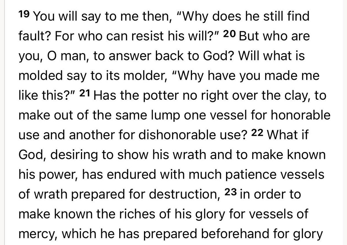 Renwickite's tweet photo. @Robbservations2 Romans 9 explains the reason why you exist; to be a vessel of wrath. You were created to go to hell. https://t.co/yWxCtAnf21