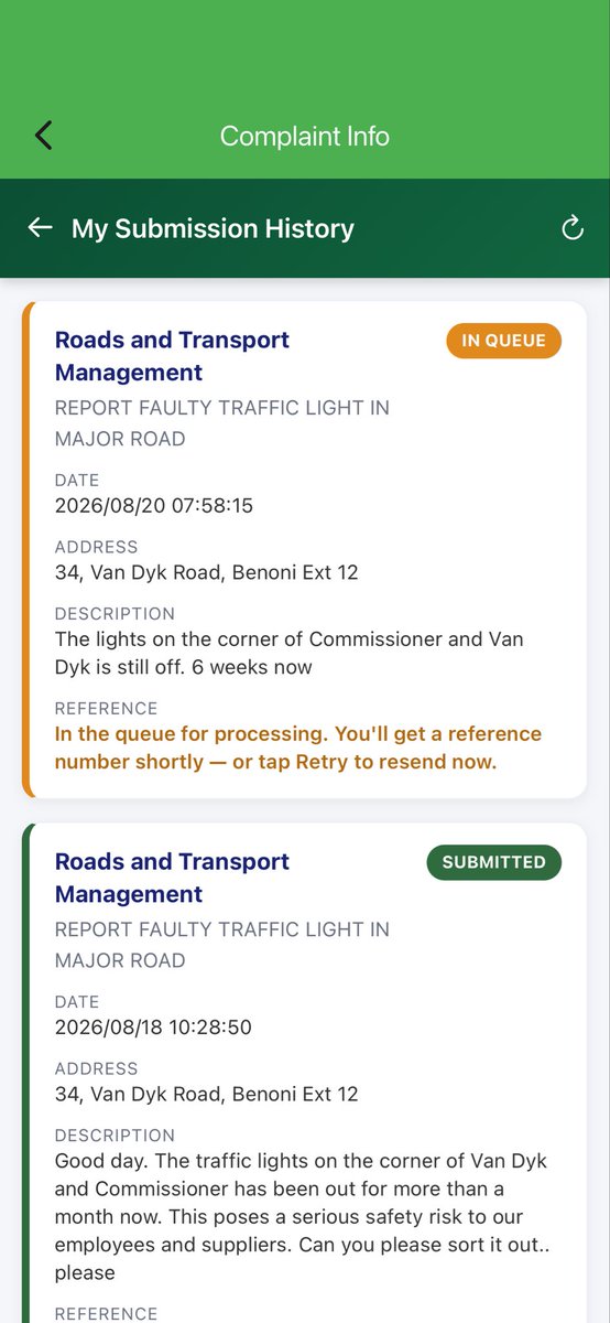 Laningm's tweet photo. @CoE_Call_Centre 
Hi there. I am trying again. The traffic lights on the corner of Commissioner and Van Dyk in Benoni has been off for months now. I have logged numerous calls, I tried X’ing you guys but all to no avail. Are you guys waiting for someone to die before fixing it?! https://t.co/BRkOPKjMsQ