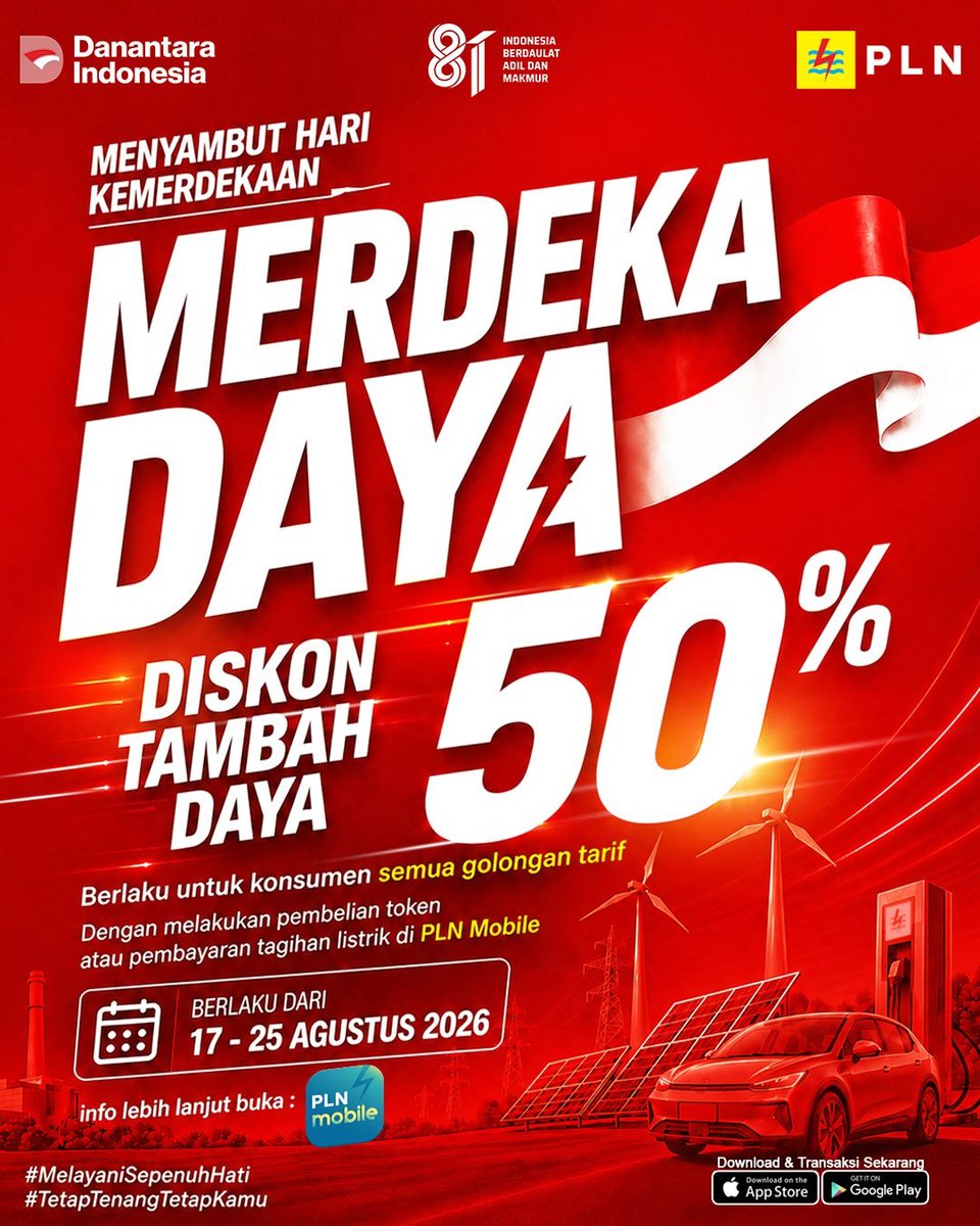 up2d_dcckendari's tweet photo. Dalam semangat memperingati HUT Kemerdekaan RI, PLN dengan bangga menghadirkan Promo Merdeka Daya! ๐ฎ๐ฉ
Promo Tambah Daya 50% hadir pada 17โ25 Agustus 2026. Jangan sampai ketinggalan!
#MerdekaDaya
#HUTRIke81
#PLNMobile
#MelayaniSepenuhHati
#TetapTenangTetapKamu #PLNUIDSulselrabar https://t.co/24ZGxpLGJ2