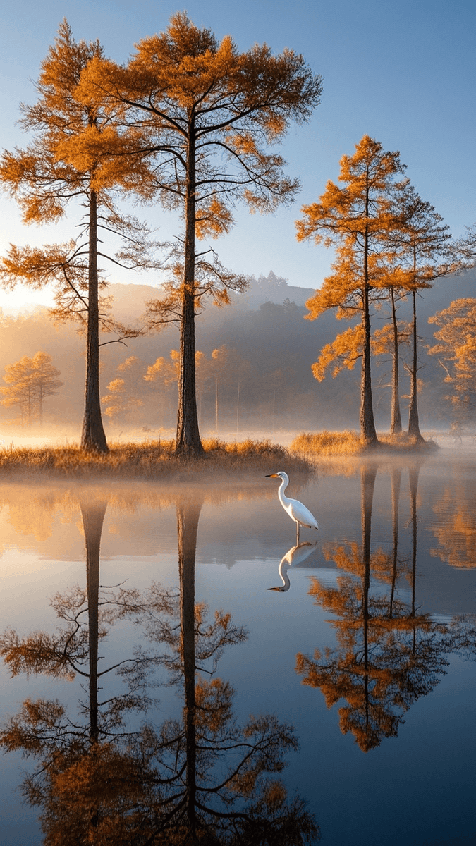 Kaitlynn480's tweet photo. Morning fog lingers over the misty lake, softening the crisp autumn vibe. https://t.co/9D9w59kWdE