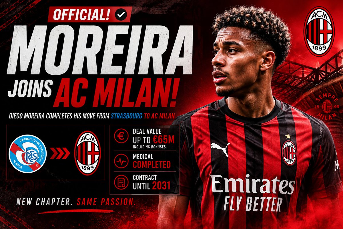 FlamoUniverse's tweet photo. 🚨🔴⚫ OFFICIAL! DIEGO MOREIRA JOINS AC MILAN!

It’s done. 🇵🇹🤝🇮🇹

Diego Moreira has officially completed his move from Strasbourg to AC Milan after passing his medical.

💰 Up to €65M including bonuses
🩺 Medical completed
✍️ Contract until 2031

Big move for Milan. 👀🔥

Good signing? 👇

#ACMilan #Moreira #Transfers