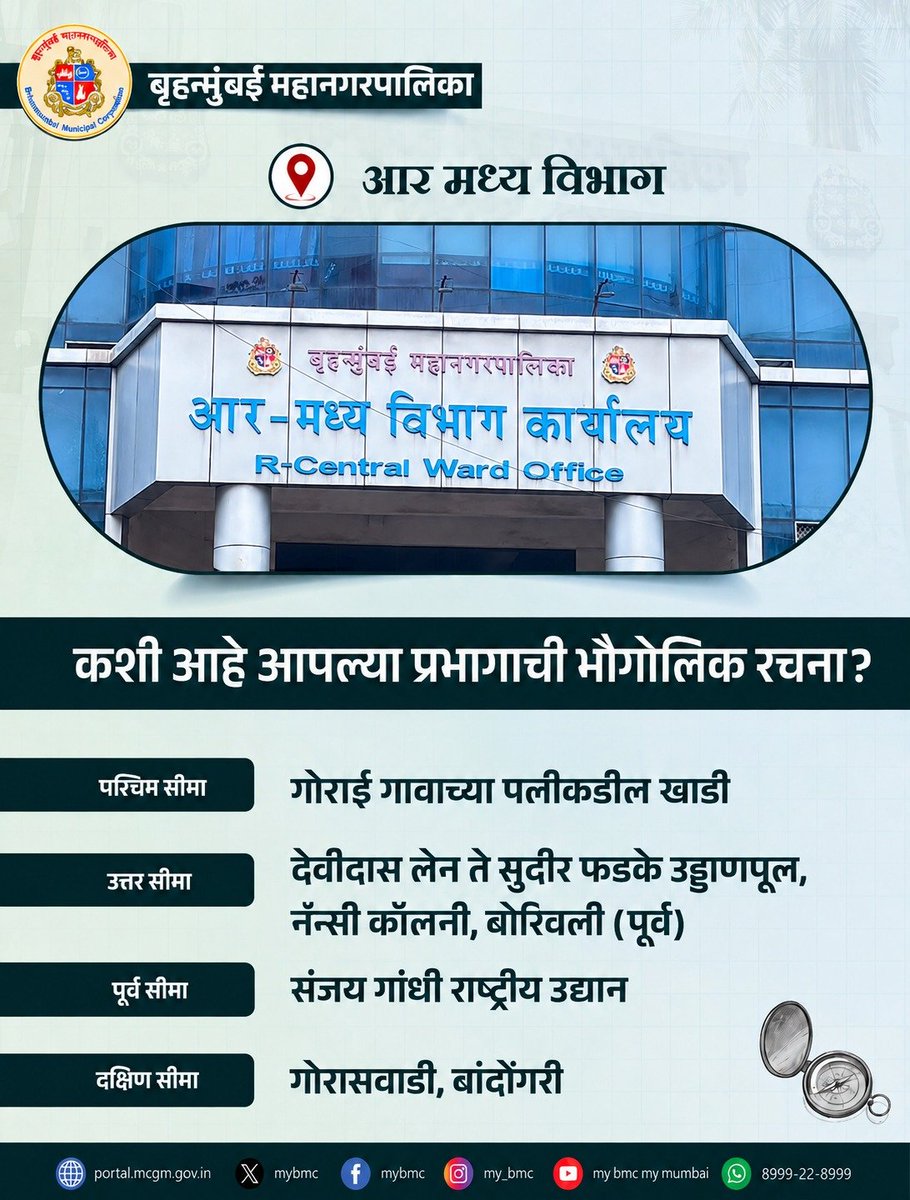 mybmcWardRC's tweet photo. ओळख आपल्या विभागाची! 🏙️
आपला विभाग, आपली जबाबदारी, आपली ओळख!
जाणून घ्या • जागरूक व्हा • सहभागी व्हा!
#KnowYourWard
#MyBMCUpdates
#MyWardMyPride https://t.co/SdI9SCPwA0