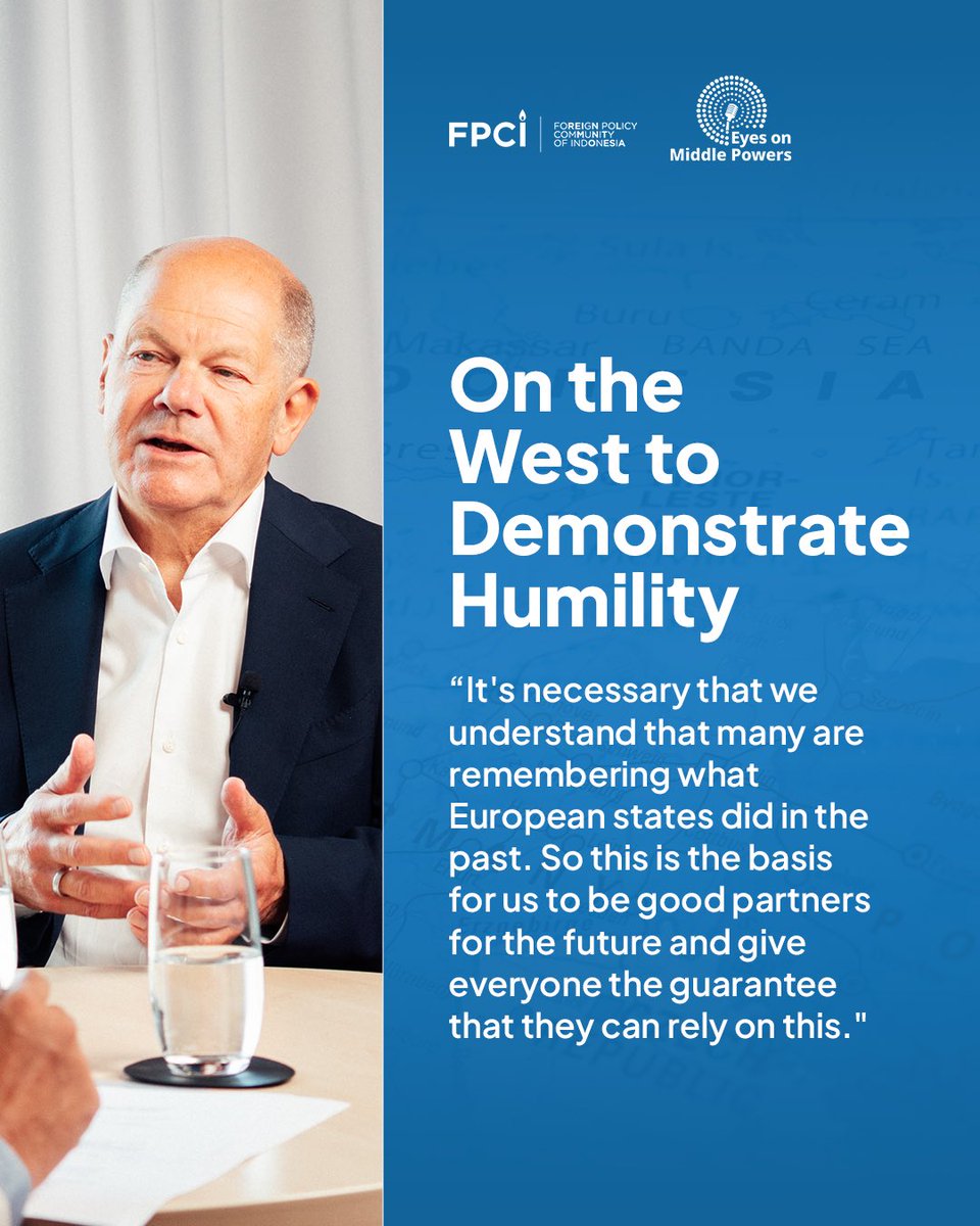fpcindo's tweet photo. “The West should demonstrate humility, the South must step up their game."

Dr. Dino Patti Djalal sits down with Olaf Scholz, Federal Chancellor of Germany (2021–2025), for a wide-ranging conversation on the next world order and what it means for middle powers today. Swipe left to read some of the highlights from the conversation!