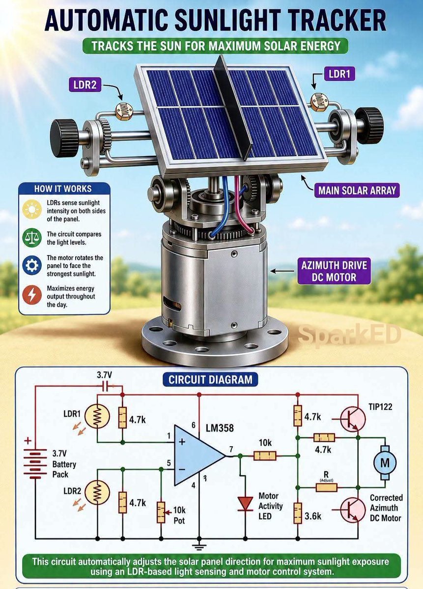 Afghan_Engineer's tweet photo. An Automatic Sunlight Tracker project that uses light sensors and a motor-driven setup to maximize solar energy collection. https://t.co/63f5uVGAQC