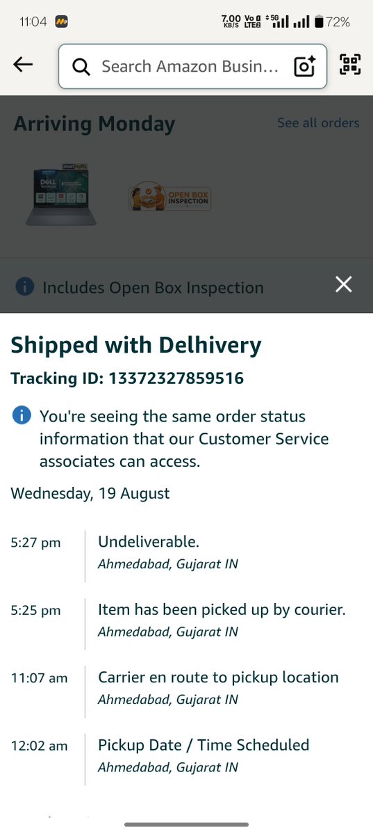 strenge_think's tweet photo. @AmazonInHelp @delhivery Blatant logistics fraud in Ahmedabad.High marked 'undeliverable' exactly 2 minutes after pickup.Courier email channels are bouncing back full.@amazonIN chat interface is failing. Escalated ticket is active need an urgent callback and investigation now! https://t.co/MijDW9ZNa4