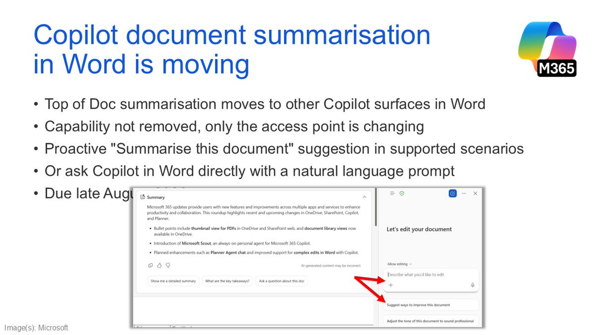 SuperSimple365's tweet photo. 🔜 Copilot document summarisation is moving in #Word.

📢 I'm currently helping an organisation move from Google Docs and Gemini to M365 and Copilot, and I've been surprised by how much people dislike that summary box at the top of Word. This should be a welcome change.

📆 Due late August 2026.

🔗 Read more: https://t.co/ZE61yGogOa.
