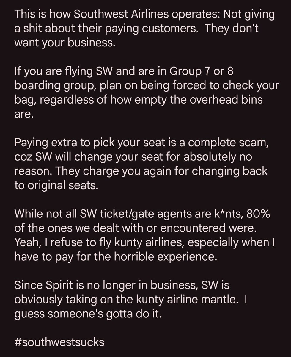 satzuki99's tweet photo. I will never fly @SouthwestAir again. Their service is worse than the shitty treatment you get in Communist China back in the 80s.  I don't want anything from SW, I just want to call out their shit service. https://t.co/zDKuSfM0Cm