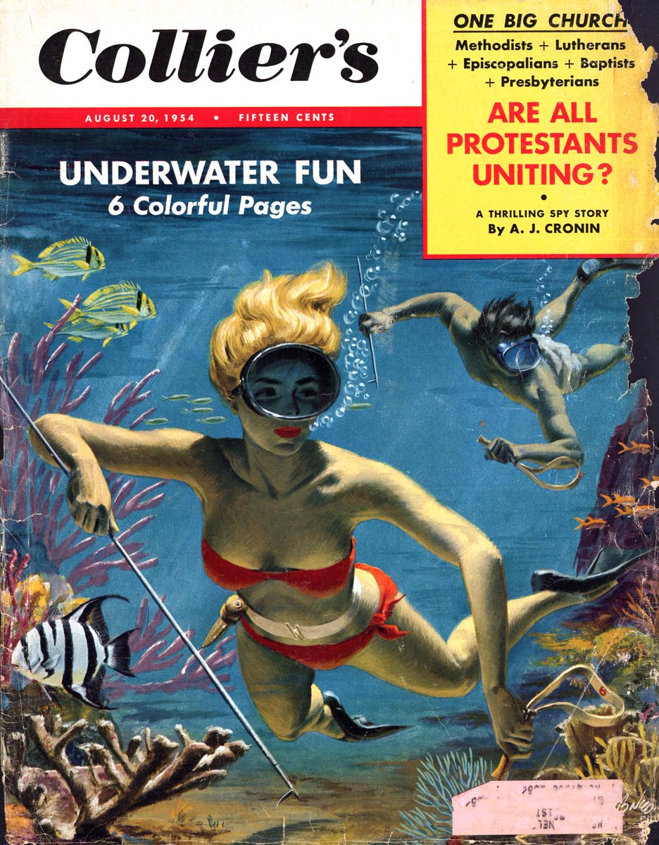 LRonLacy's tweet photo. #OTD in 1954
‘Underwater Fun - 6 Colorful Pages’
Illustration by Bill Baker (1872-1958?)
Cover of *Collier's*, August 20, 1954
#illustration #illustrationart #illustrationartists #BillBaker #diving #divers https://t.co/XDtO0d0bBQ