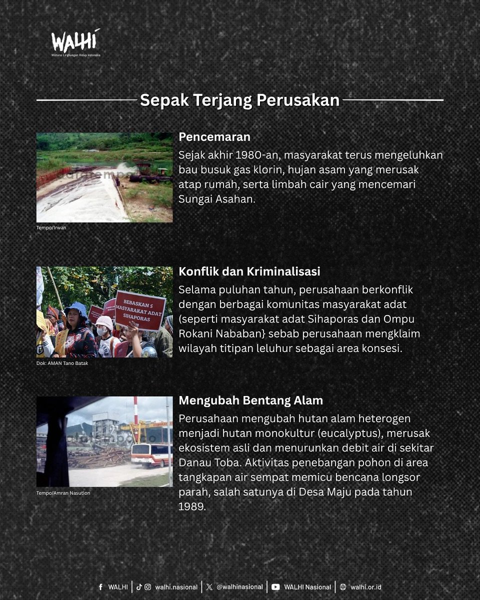 NenkMonica's tweet photo. IZIN DICABUT, DIGUGAT TRILIUNAN, KINI DIJERAT PAJAK: TOBA PULP LESTARI DIKEPUNG DARI SEGALA PENJURU HUKUM!

Ini bukan bencana alam. Ini kejahatan ekologis yg disengaja!

PT Toba Pulp Lestari (TPL) dengan sengaja membuka ribuan hektare lahan di Tapanuli, membiarkan hutan gundul, hingga memicu banjir bandang dan longsor dahsyat akhir 2025. Warga kehilangan rumah, sawah, bahkan nyawa. Habitat Orangutan Tapanuli dan Harimau Sumatera hancur. Semua ini demi keuntungan segelintir orang!

Pemilik pengendali beserta jajaran pengurus perusahaan, harus dimintai tanggung jawab penuh. Mereka menikmati keuntungan dari bisnis pulp sambil membiarkan rakyat kecil menanggung penderitaan dan alam rusak parah.

Tuntutan pemulihan Kementerian yg hanya Rp 85 miliar adalah penghinaan. Rp 2,6 triliun pun masih kurang untuk menebus dosa lingkungan ini!

Tidak ada ampun. Pemilik dan perusahaan harus digugat sampai bangkrut jika perlu. Alam dan rakyat Tapanuli bukan korban yg boleh dikorbankan demi kekayaan segelintir orang!