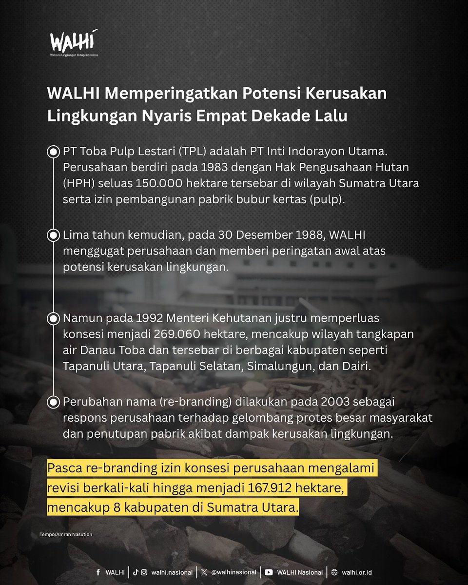 NenkMonica's tweet photo. IZIN DICABUT, DIGUGAT TRILIUNAN, KINI DIJERAT PAJAK: TOBA PULP LESTARI DIKEPUNG DARI SEGALA PENJURU HUKUM!

Ini bukan bencana alam. Ini kejahatan ekologis yg disengaja!

PT Toba Pulp Lestari (TPL) dengan sengaja membuka ribuan hektare lahan di Tapanuli, membiarkan hutan gundul, hingga memicu banjir bandang dan longsor dahsyat akhir 2025. Warga kehilangan rumah, sawah, bahkan nyawa. Habitat Orangutan Tapanuli dan Harimau Sumatera hancur. Semua ini demi keuntungan segelintir orang!

Pemilik pengendali beserta jajaran pengurus perusahaan, harus dimintai tanggung jawab penuh. Mereka menikmati keuntungan dari bisnis pulp sambil membiarkan rakyat kecil menanggung penderitaan dan alam rusak parah.

Tuntutan pemulihan Kementerian yg hanya Rp 85 miliar adalah penghinaan. Rp 2,6 triliun pun masih kurang untuk menebus dosa lingkungan ini!

Tidak ada ampun. Pemilik dan perusahaan harus digugat sampai bangkrut jika perlu. Alam dan rakyat Tapanuli bukan korban yg boleh dikorbankan demi kekayaan segelintir orang!