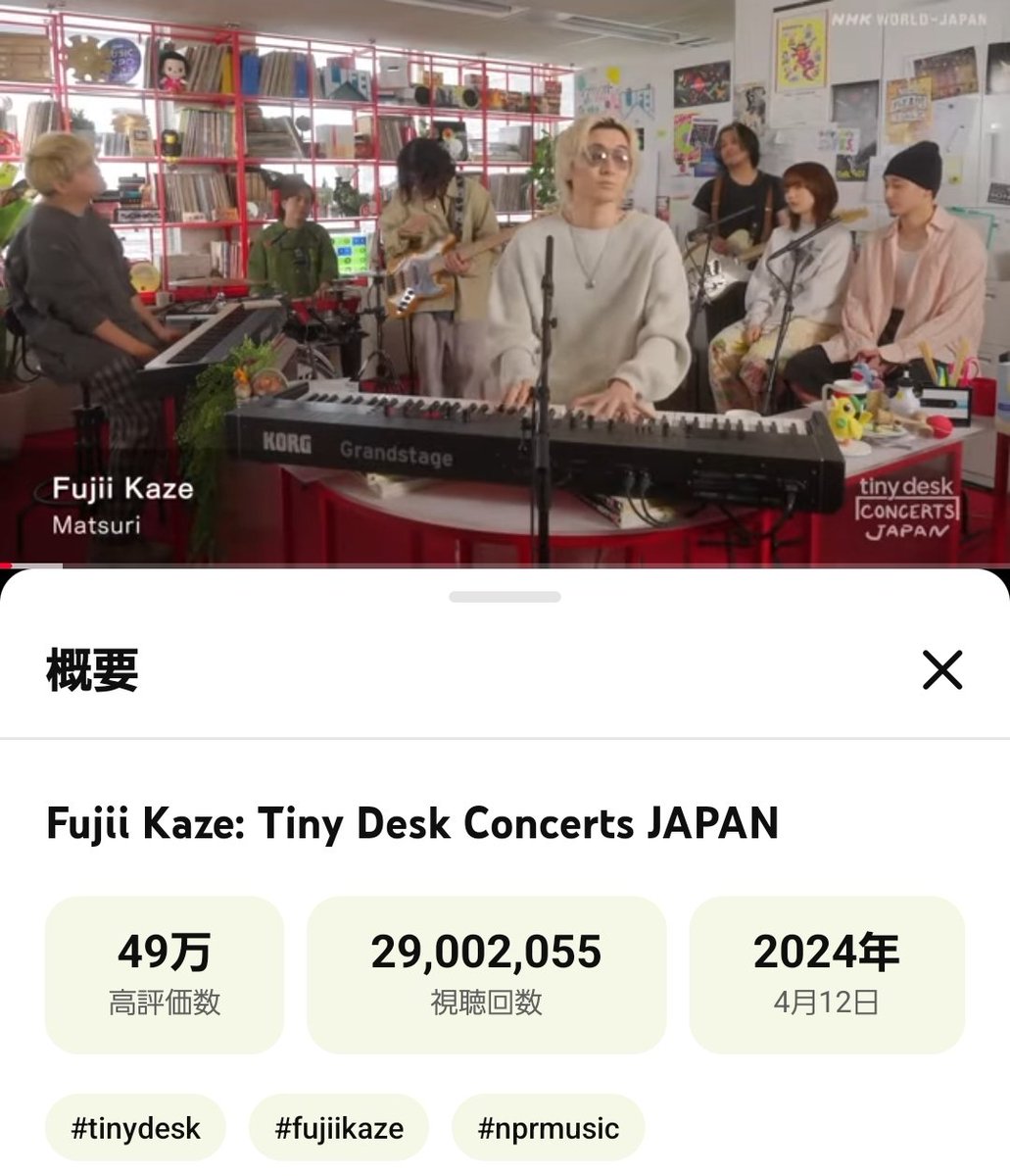rie_takai's tweet photo. ㊗️Congratulations on reaching 29 million views㊗️
2026/8/20 15:30確認
🍃Fujii Kaze: Tiny Desk Concerts JAPAN🎥
✨29,002,055 回視聴 2024/04/12
NPR Music
チャンネル登録者数1290万人
#nprmusic #TinyDeskConcert
#FujiiKaze #藤井風
🔗
https://t.co/YxqY2EMhSu https://t.co/bZuXKONyUn