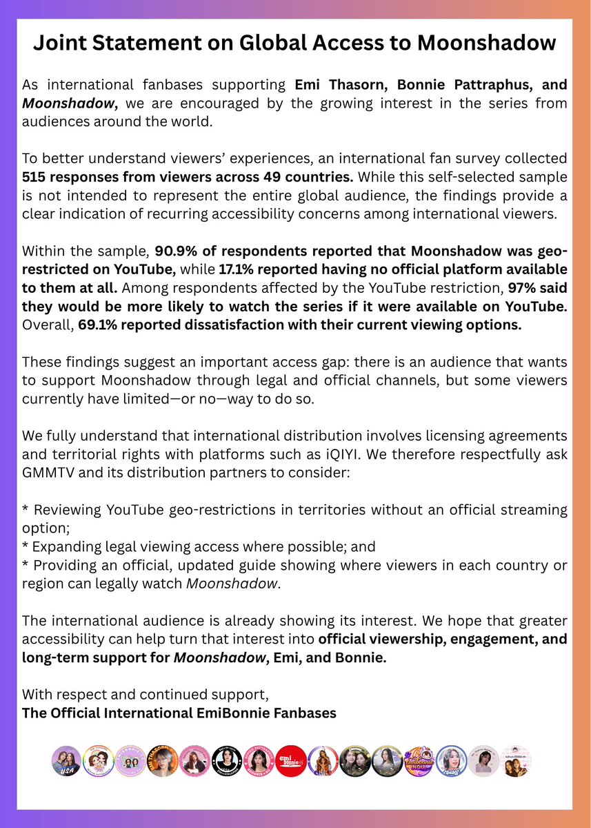 EmiBonnieUSA's tweet photo. 📢 Statement From International EmiBonnie Fanbases

We invite all to join us in asking @GMMTV to address our concerns regarding the YouTube geoblock and limited viewing access for Moonshadow.

📈 START 20 AUG | 20:00 (🇹🇭) 
🔑 STOP MOONSHADOW YT GEOBLOCK
#️⃣ .MoonshadowGeoblock https://t.co/VA2c9h7poo