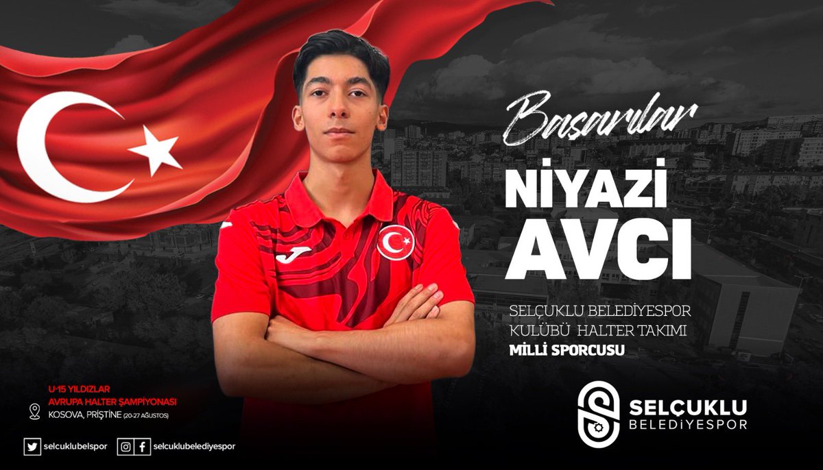 Selcuklubelspor's tweet photo. Avrupa Şampiyonası’nda Ay-Yıldızlı Gurur! 🇹🇷

Kosova’nın Priştine şehrinde 20-27 Ağustos tarihleri arasında düzenlenecek U-15 Yıldızlar Avrupa Halter Şampiyonası’nda, Selçuklu Belediyespor Kulübümüzün 3 başarılı sporcusu Ay-Yıldızlı forma ile ülkemizi temsil edecek.

🏋️ Niyazi Avcı | 55 kg
📅 21 Ağustos | ⏰ TSİ 14.00

🏋️ Mustafa Hamza Ciğer | 60 kg
📅 22 Ağustos | ⏰ TSİ 10.00

🏋️ Yiğithan Eroğlu | 85 kg
📅 25 Ağustos | ⏰ TSİ 20.00

Milli formayla platforma çıkacak sporcularımıza ve Avrupa Şampiyonası’nda mücadele edecek tüm Milli Takım kafilemize başarılar diliyor, ülkemize madalyalarla dönmelerini temenni ediyoruz.