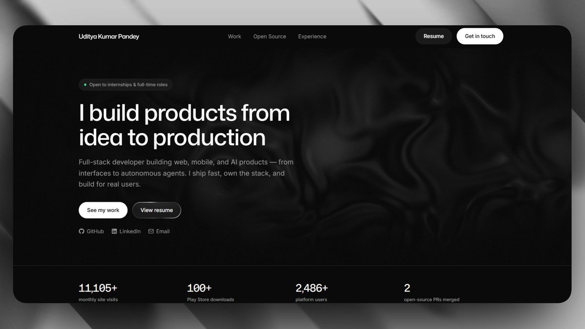 udityakumar's tweet photo. Just launched my portfolio: udityakumar[.]dev

Projects, AI, full-stack, open source — all in one place.

Would love your feedback. https://t.co/OcrIX7R62L