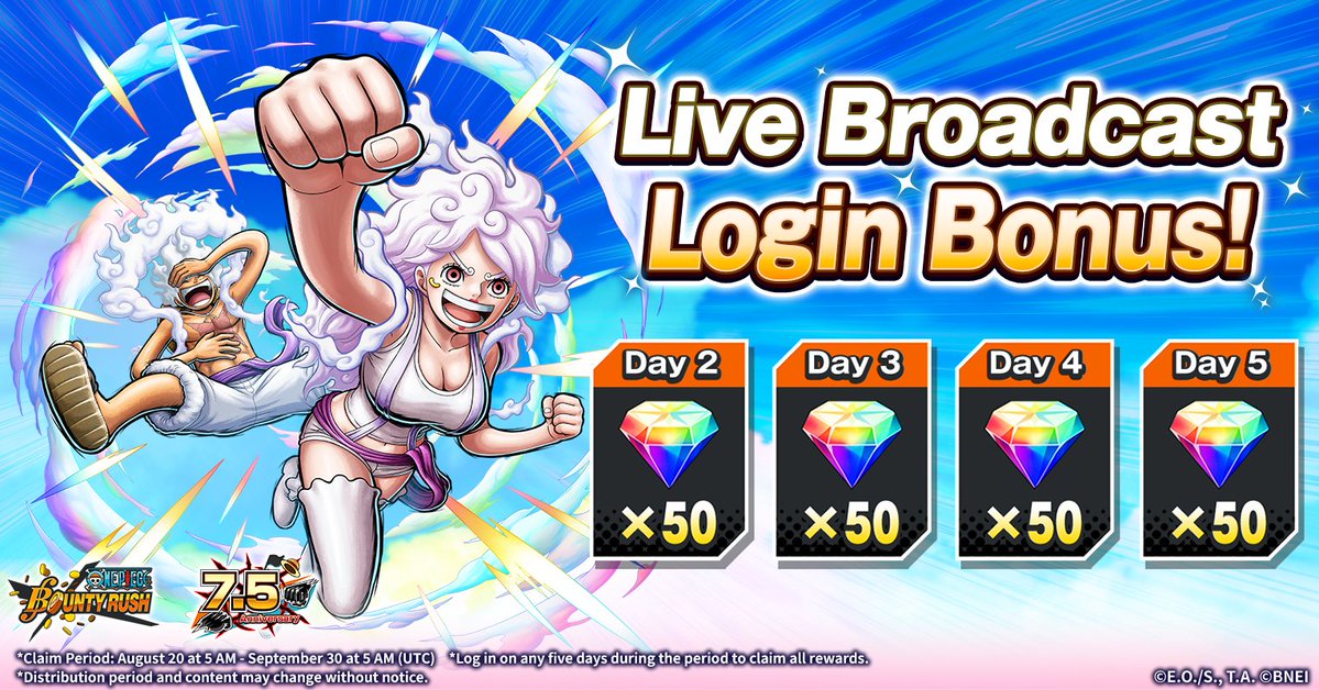 OPBR_global's tweet photo. [7.5 Year Anniversary Climax Live Broadcast Login Bonus]

We're giving out 50 Rainbow Diamonds every day for four days starting today!
Make sure to log in during the period and claim them!

https://t.co/ItXjSCD1AF

#BountyRush
#ONEPIECE https://t.co/C2kXRoTFjr