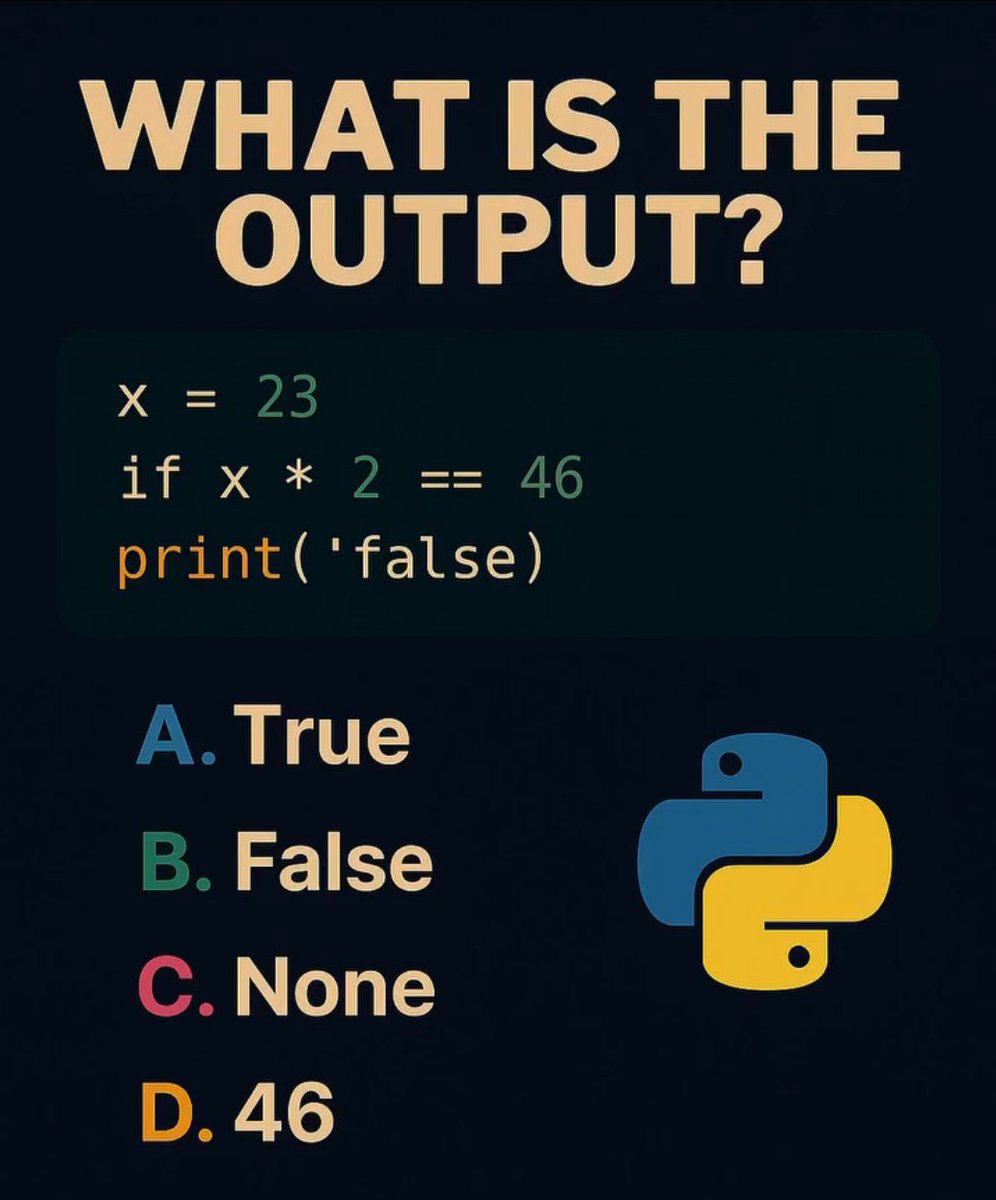 PyInsiders's tweet photo. 🚀 Test your Python skills! 
Can you guess the output? 🤔 
Comment your answer below 👇 https://t.co/o10Gni9SHR