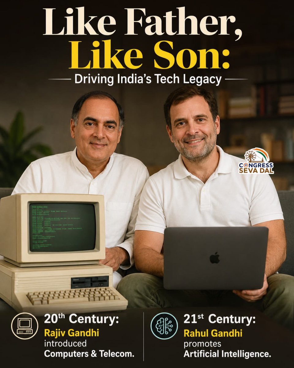 CongressSevadal's tweet photo. Computers se AI tak: desh ko hamesha technology me aage rakhne wali legacy🔥 https://t.co/0s5Qp9kiwg