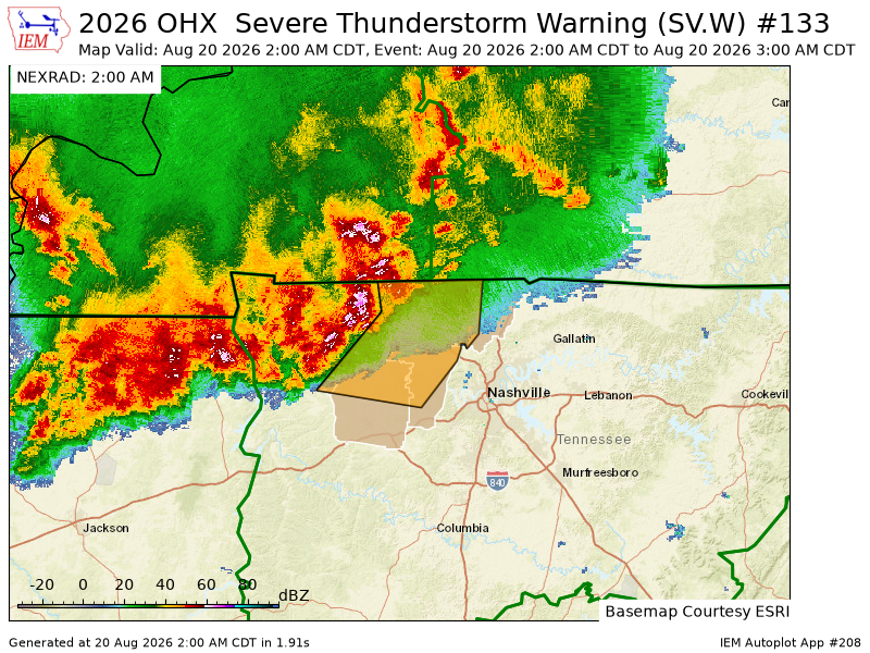 WJONIPwx's tweet photo. OHX issues Severe Thunderstorm Warning [wind: 60 MPH (RADAR INDICATED), hail: 1.00 IN (RADAR INDICATED)] for Cheatham, Dickson, Houston, Montgomery, Robertson [TN] till Aug 20, 3:00 AM CDT https://t.co/kMtQEizypd https://t.co/RU5EnMYtxx