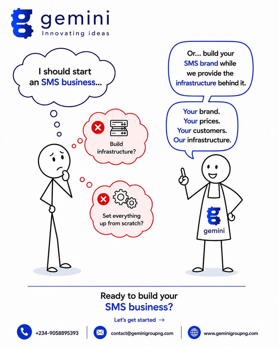 GeminiGroupNG's tweet photo. ๐ฒ SMS reselling gives you the freedom to build your own brand, set your prices and serve your customers.
Gemini provides the infrastructure behind the messaging. โ๏ธ๐
You build the business. We power the messaging.
#SMSReseller #BulkSMS #BusinessMessaging https://t.co/kFpAFYy4c6
