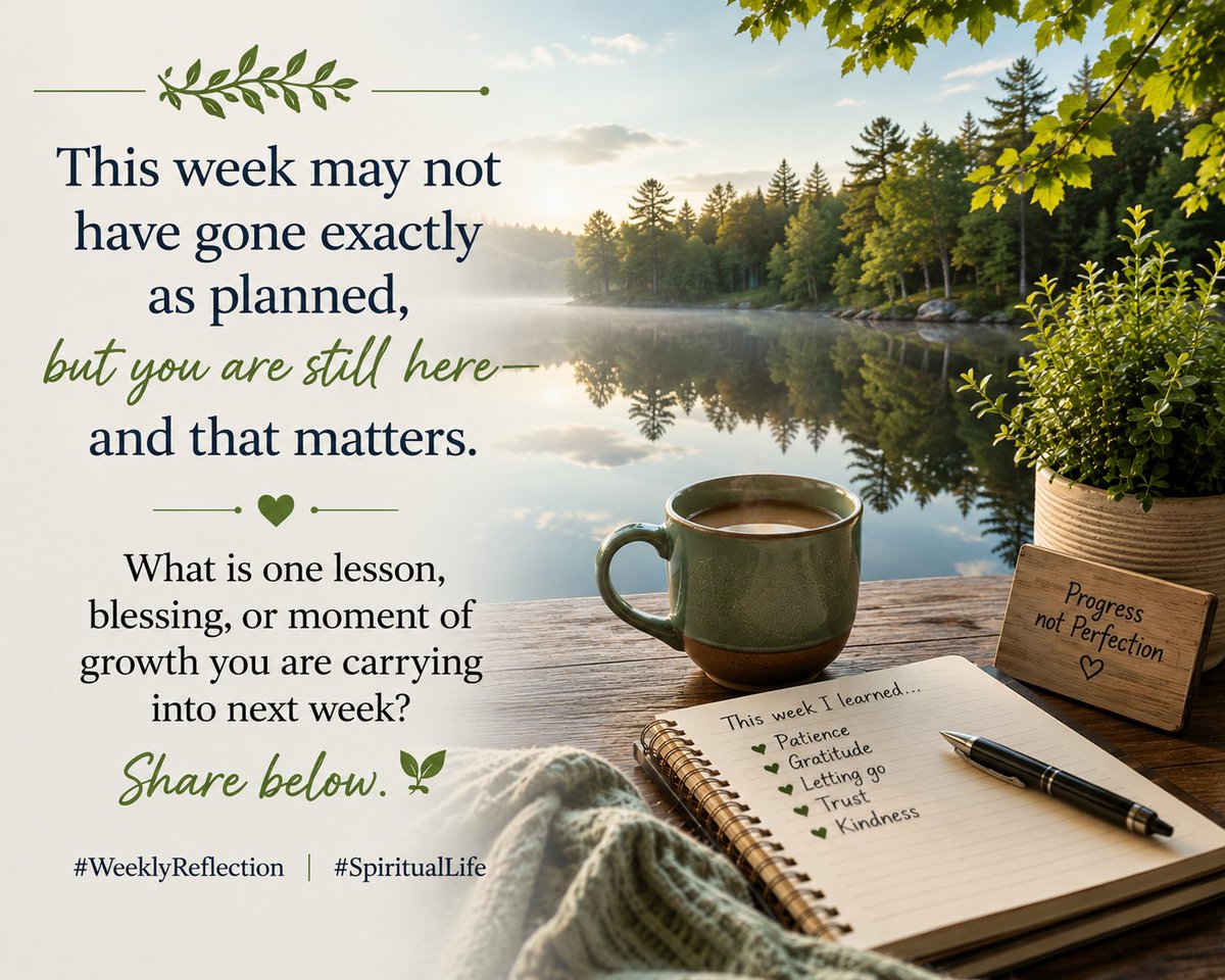 SpiritualLife7's tweet photo. This week may not have gone exactly as planned, but you are still here—and that matters.
What is one lesson, blessing, or moment of growth you are carrying into next week? Share below. 🌿
#WeeklyReflection #SpiritualLife https://t.co/R6Rx2w08fo