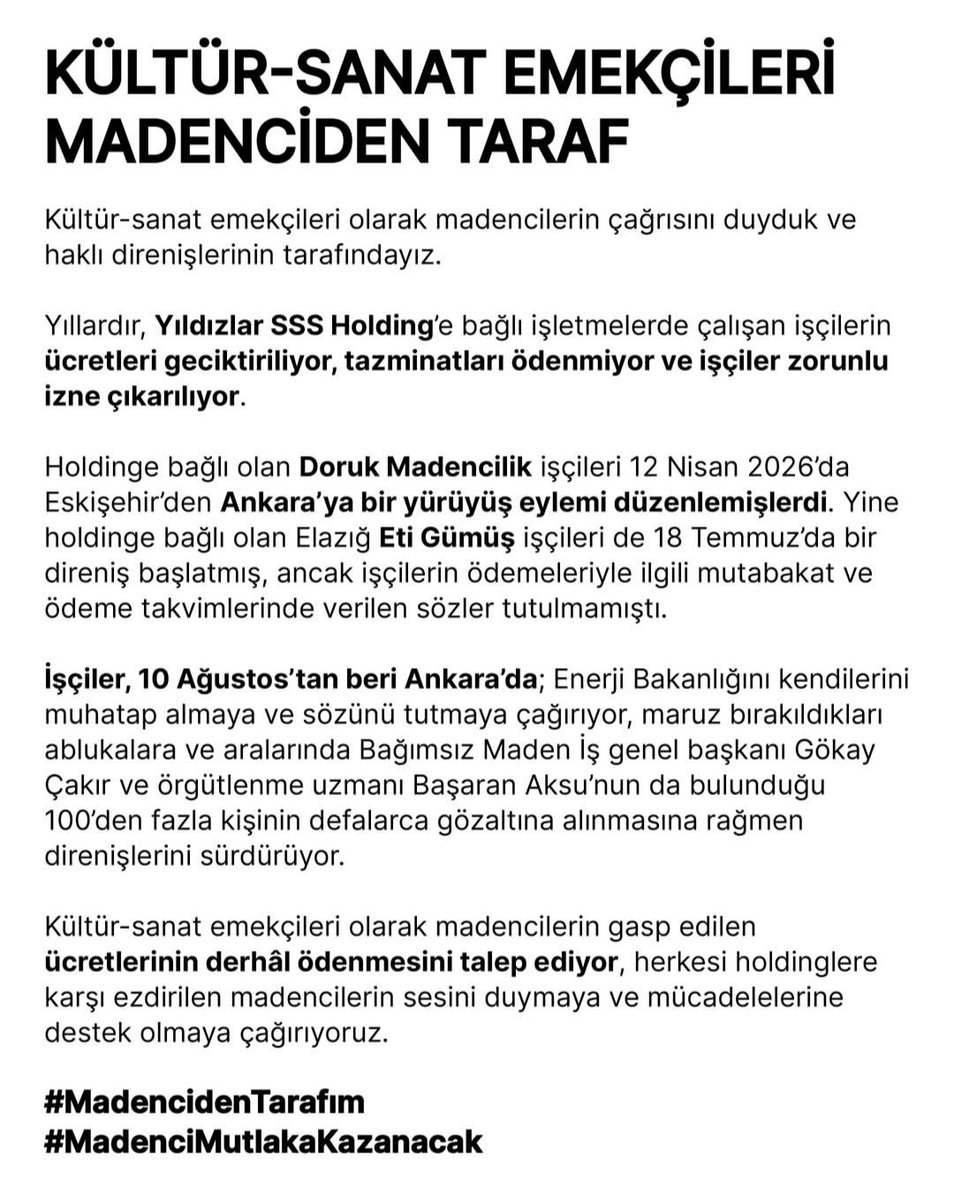 bagimsizmadenis's tweet photo. Halkımızı madenciden taraf olmaya çağırıyoruz!

Çağrımıza kulak veren, yanımızda duran kültür-sanat emekçilerine, sanatseverlere ve bütün imzacılara teşekkür ediyoruz.

Dayanışmayı birlikte büyütecek, birlikte kazanacağız!

#MadenciMutlakaKazanacak https://t.co/TqYzngQNI2