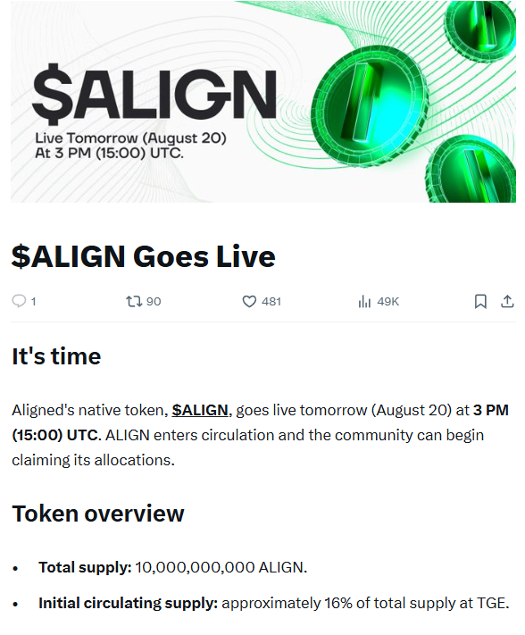 CryptoBikash's tweet photo. $ALIGN TGE August 20 ( 8:30 PM IST )

10,000 ALIGN or less: fully unlocked at TGE.

Above 10,000 ALIGN: 10,000 tokens at TGE, with the remainder on a 12-month linear vesting schedule. 

✅ Check your eligibility: https://t.co/WOao5VExp2 https://t.co/QnW62UpSpy