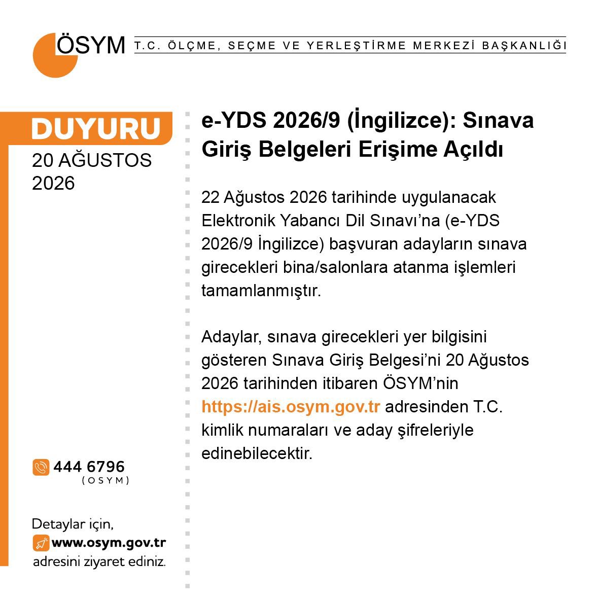 OSYMbaskanligi's tweet photo. e-YDS 2026/9 (İngilizce): Sınava Giriş Belgeleri Erişime Açıldı

https://t.co/crSziCd7S1 https://t.co/biMDnPUsa7
