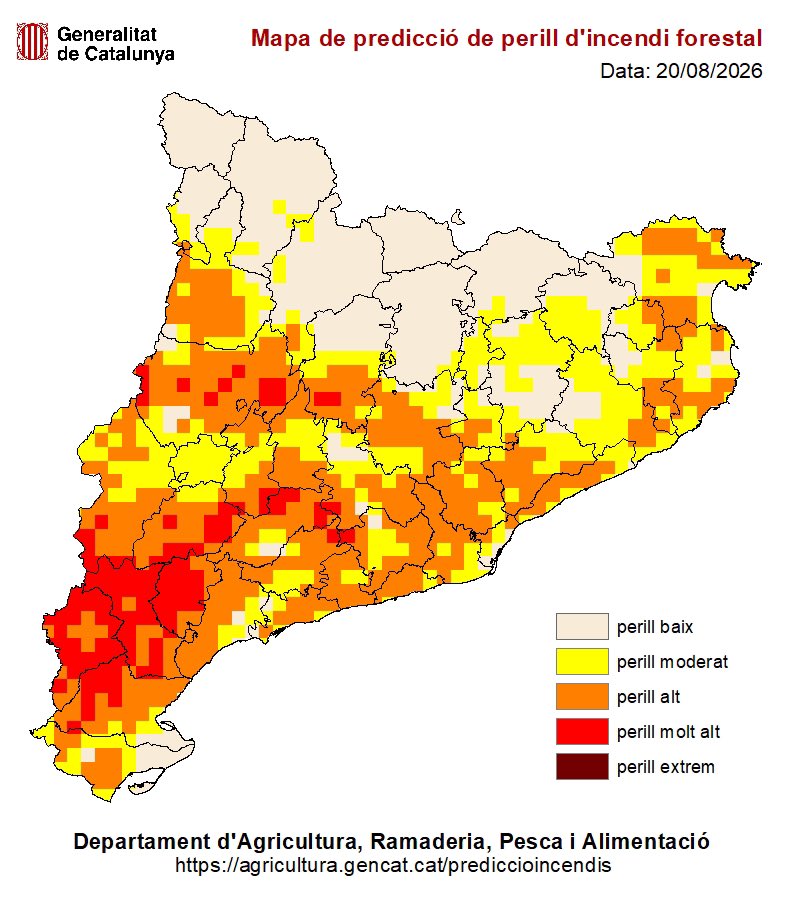 agriculturacat's tweet photo. 📍Avui el perill d'incendi és elevat a l'interior oest del país per alta temperatura i baixa humitat. Les possibles tempestes amb llamps i vent fort poden incrementar el risc.

🔴 136 municipis en perill molt alt
🟠 472 municipis en perill alt

📞 Si veus foc o fum, truca al @112 https://t.co/gcuPnQk3mY