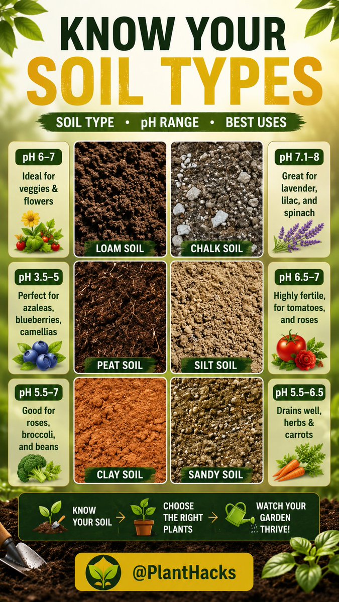 PlantHacks's tweet photo. Your soil can make or break your garden.

Learn your soil type, understand its pH, and choose plants that thrive in it. 

The right soil = healthier roots, stronger plants and better harvests. https://t.co/7iVnvsyV1G