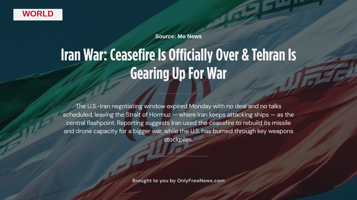 OnlyFreeNews1's tweet photo. The U.S.–Iran negotiating window expired Monday with no deal and no talks scheduled. 

Source:
https://t.co/8ZIY2O3kqZ

#IranWar #StraitOfHormuz #Geopolitics https://t.co/PM1qB4bBeG
