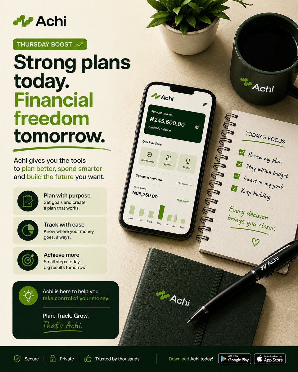 Achi_graceai's tweet photo. Strong plans today. ππ
Financial freedom tomorrow.
Plan. Track. Grow.
Thatβs Achi. π±β¨
#Achi #FinancialFreedom #SmartMoney #MoneyManagement #ThursdayBoost https://t.co/OGqvlJ8WKk