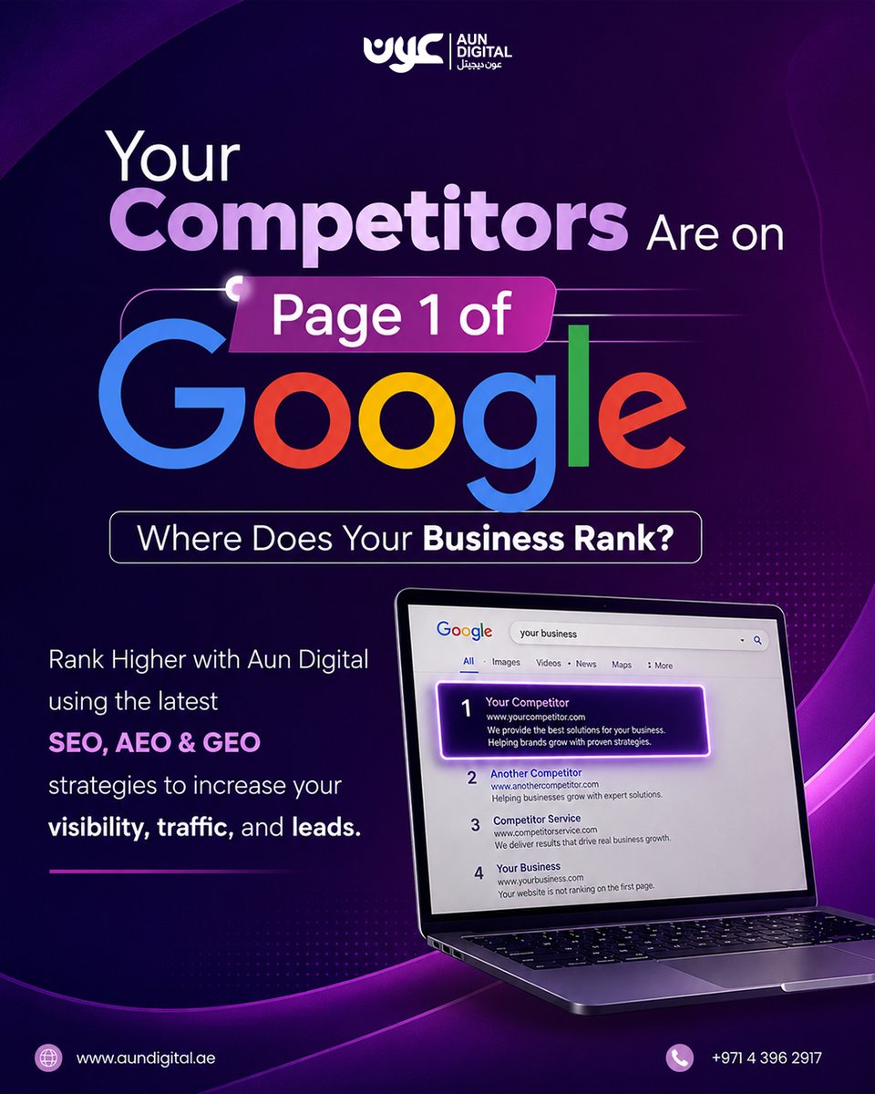 AunDigital's tweet photo. Your competitors are on Page 1. Is your business? 🔍📈

AUN Digital uses SEO, AEO &amp; GEO strategies to boost visibility, drive qualified traffic, and generate leads.

Get discovered. Get ahead.

#AunDigital #SEO #AEO #GEO #BusinessGrowth #LeadGeneration https://t.co/gC6DgNJMPU