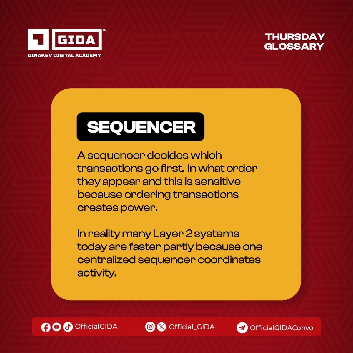 Official_GIDA's tweet photo. Ever heard of the word Sequencer? 

Many Layer 2s run faster today because one centralized sequencer coordinates everything. 

Just like we have security guards that checks and control people wanting to get into a place. A sequencer helps decides which blockchain transactions go first.

It's the blockchain traffic warden. Btw, Whats your favorite L2?