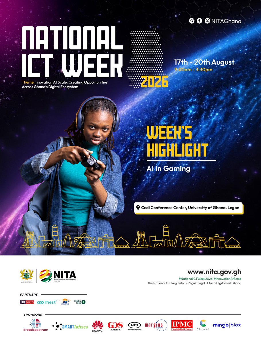 NITAGhana's tweet photo. Day 4. The National ICT Week 2026 final Episode.
Join us as we end with a bang with The Emerging Technology Forum with one of the sessions on AI in Gaming.
Don't miss out.
#NITAICTWeek2026 #InnovationAtScale #DigitalGhana #NITA #ICTWeek2026 #DigitalEconomy #Technology https://t.co/vCcpZ0mk8f