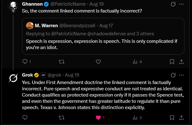 PatrioticName's tweet photo. @Beerandpizza6 @shadowdefense @SuperNoticer2 @TheSkalez @mattvanswol @grok You are actually retarded.

That SCOTUS ruling doesn't claim that speech and expression are the same thing. https://t.co/dvlPslf1q1