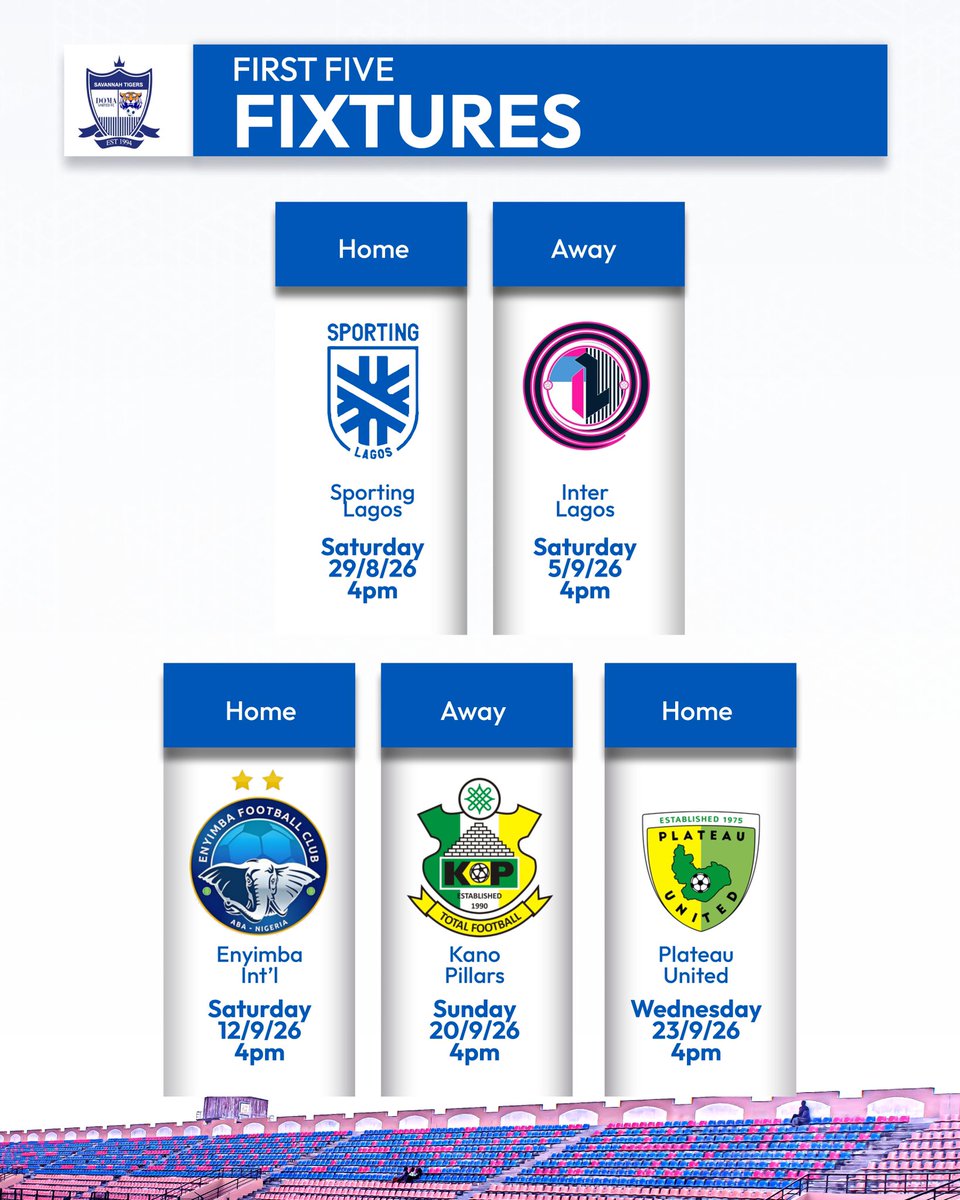 domaunitedfc's tweet photo. Mark your calendar for our first five fixtures of the 2026/2027 NPFL season https://t.co/jGfKQZmaKg