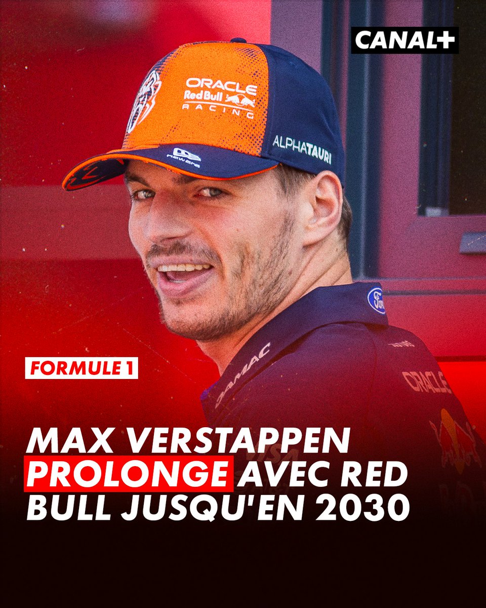 CanalplusF1's tweet photo. 🚨 OFFICIEL : Max Verstappen prolonge avec Red Bull jusqu'en 2030 ! 🇳🇱

Le quadruple champion du monde met fin aux rumeurs concernant son avenir et défendra les couleurs de l'écurie autrichienne pour encore au moins 4 saisons 🦁 https://t.co/qsah62EL2i