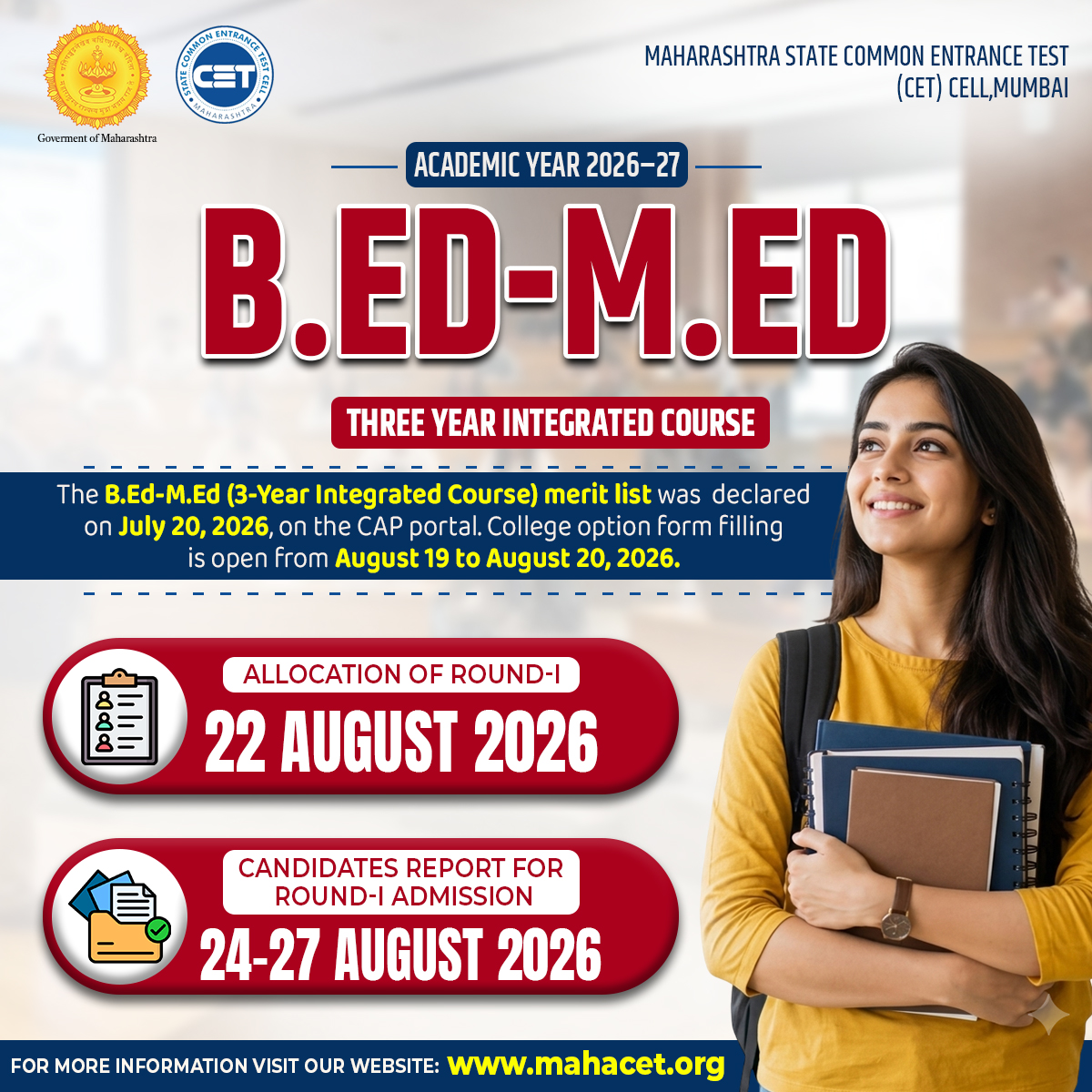 CETCELL's tweet photo. B.Ed-M.Ed (Three year Integrated Course)
Allocation of Round-I, Academic Year 2026-27 https://t.co/YnaB29TSXF