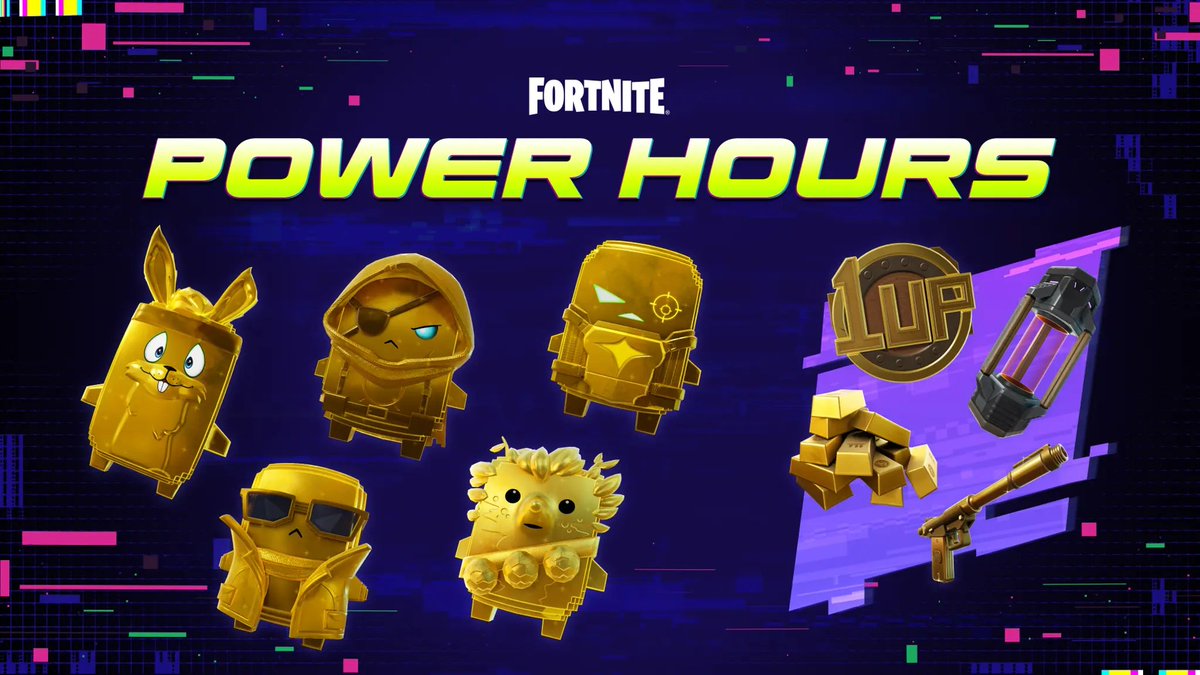 FN_Assist's tweet photo. #Fortnite Ch7S4 Power Hours 1 & 2 announced!

Golden Hours
- Saturday 2pm ET / 20:00 BST to 4pm ET
- Saturday 9pm ET / 02:00 BST to 11pm ET

- Gold Sprite variants increased
- Additional Portable Extractor
- Match starting items: 1-Up Token
- Increased chance of Midas' Masterpiece spawn