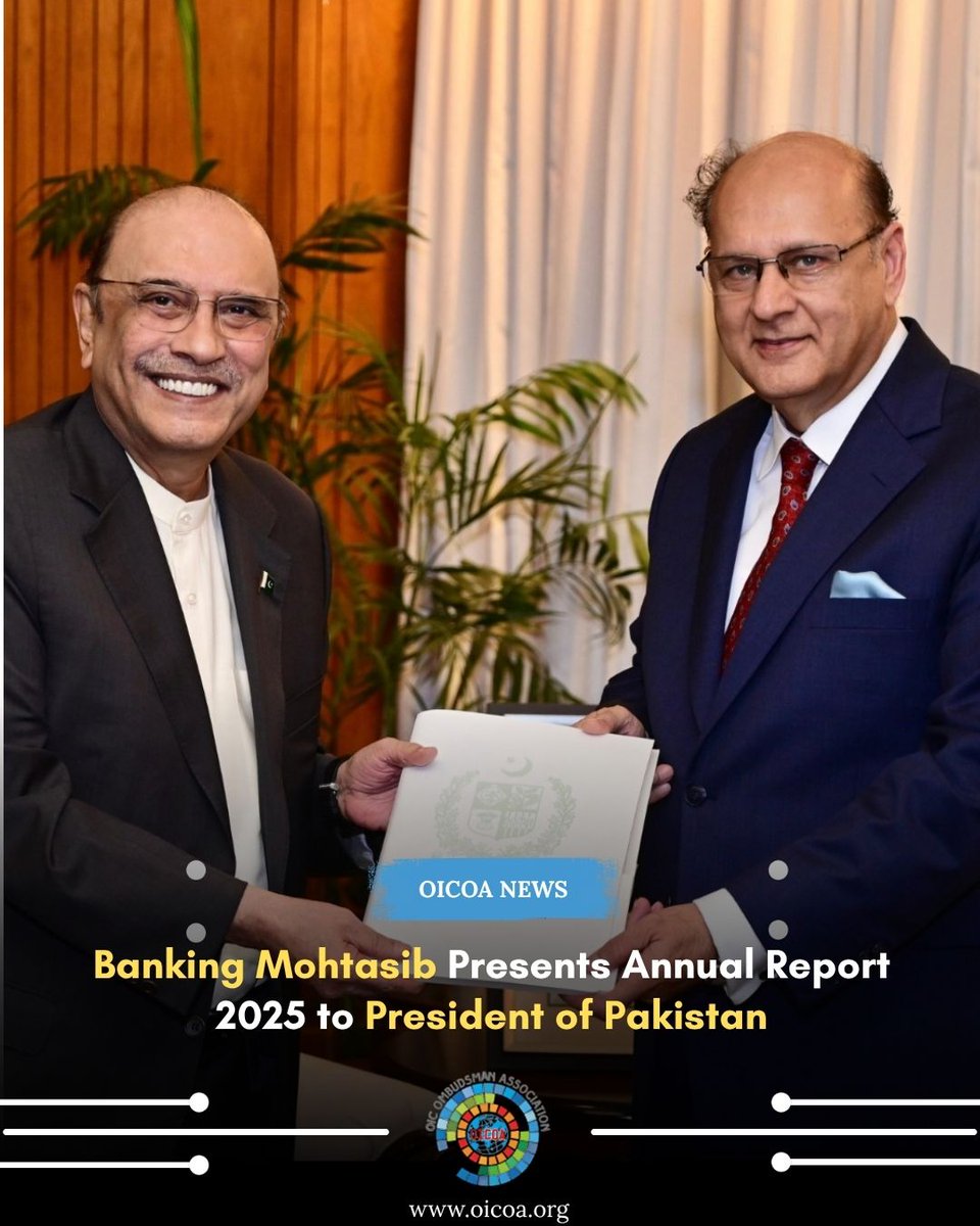 oicoaorg's tweet photo. Banking Mohtasib Pakistan presents Annual Report 2025 to President Asif Ali Zardari — 36,280 complaints resolved in 2025, Rs. 1.88 billion in relief provided to customers. President directs expansion of public awareness to protect customers from fraud 

#Pakistan #BankingMohtasib https://t.co/fU0hi6UQvC