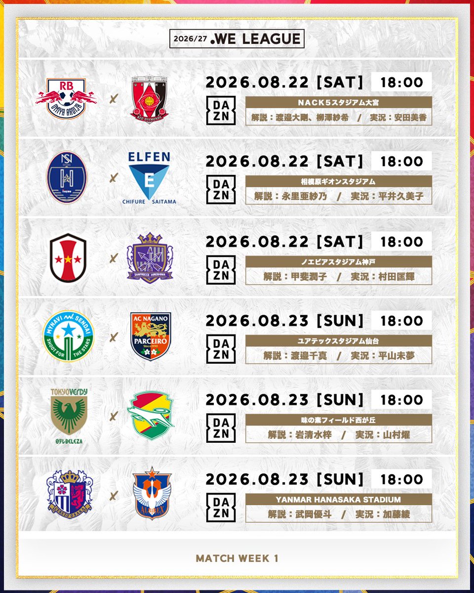 WE_League_JP's tweet photo. ／
２０２６／２７ ＷＥリーグ 第1節
DAZN配信予定をチェック📡
＼

𝗠𝗔𝗧𝗖𝗛 𝗢𝗙 𝗧𝗛𝗘 𝗪𝗘𝗘𝗞は、I神戸vs広島🔥

大宮vs浦和のさいたまダービーは、渡邉大剛さん、柳澤紗希さんによるW解説🎙️

岩清水梓さんが現役引退後ＷＥリーグ初解説✨️

📅 8/22(土)、23(日)
📱 DAZNにて生配信

#ＷＥリーグ開幕 #女子サッカー
