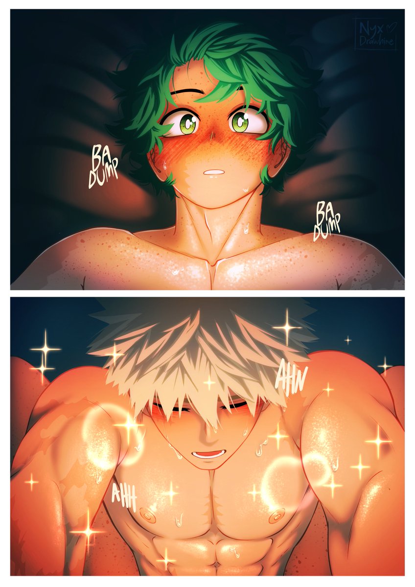 NyxDrawhine's tweet photo. It’s my bkdk’s first time, where Deku finds out that Kacchan literally ✨️sparkles✨️ when he comes 😌🧡💚 https://t.co/9vRpEEvdvT
