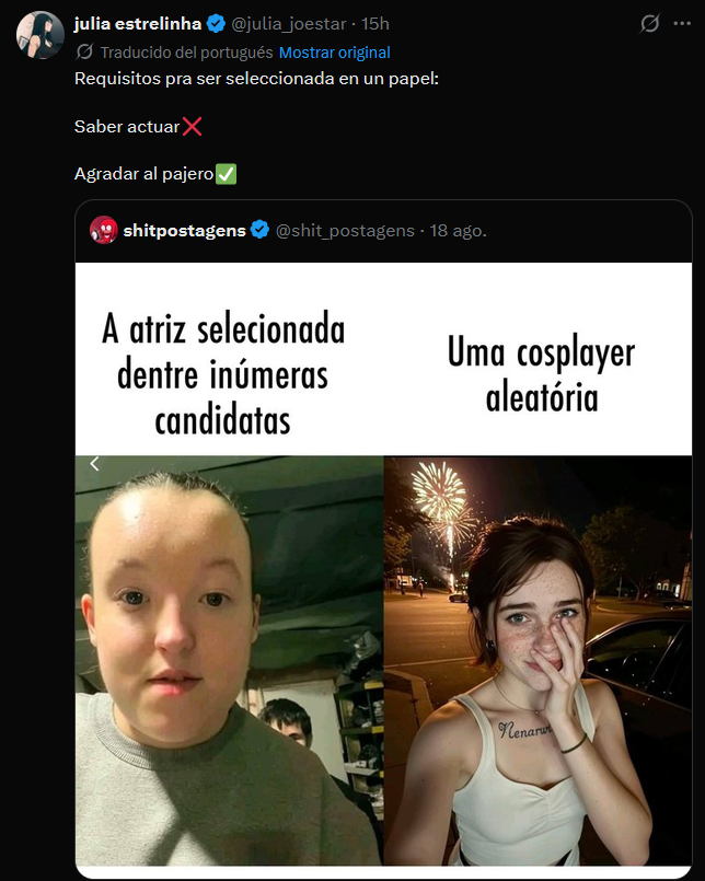mayorcete's tweet photo. No me vas a colar que la actriz seleccionada destaca por su actuación cuando con la cara que tiene es INCAPAZ de gesticular sin parecer un meme.

Dicho esto. Hacer bien el casting y que el actor se parezca al personaje que debe interpretar no es "agradar al pajero". Es LO BÁSICO. https://t.co/zj5FYlu6fa