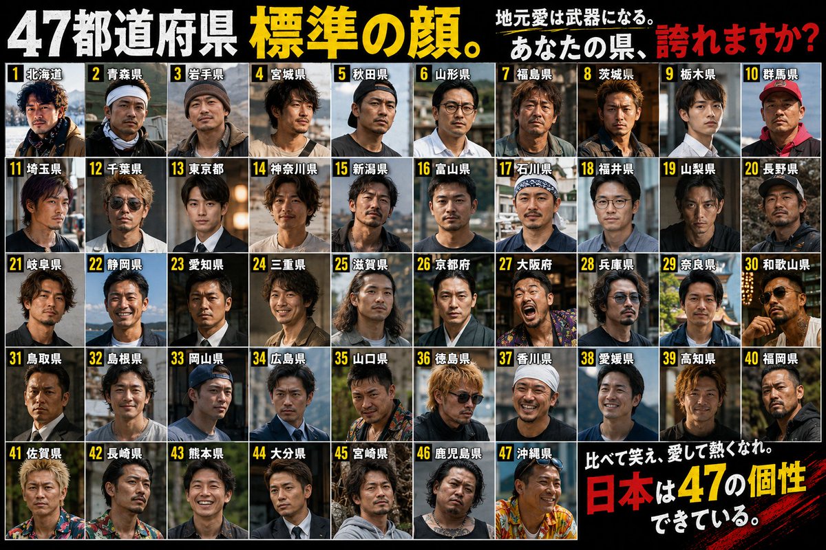 kiyo_money28's tweet photo. 「47都道府県」
デフォルトの顔。【男編】
※異論は認めます。 https://t.co/jxDoBqua9r