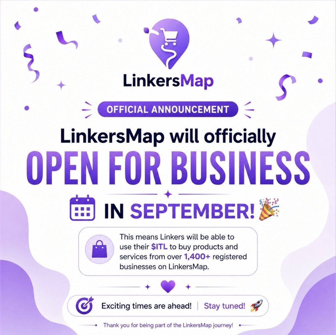 LinkersMap's tweet photo. 📢 LinkersMap Official Announcement

We are delighted to announce that LinkersMap will officially open for business in September! 🎉

This means Linkers will be able to use their $ITL to purchase products and services from more than 1,400 registered businesses on LinkersMap @LinkersMap . 🛍️🌍

An exciting new chapter is about to begin. Stay tuned for more updates! 🚀
@Dr_Picoin