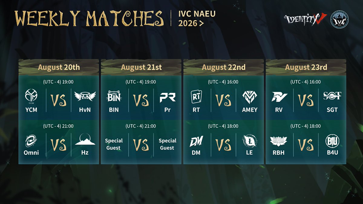 GameIdentityV's tweet photo. Dear Visitors,
Get ready for the next round of IVC NAEU 2026! Check out this weekend’s match schedule and don’t miss the action.

🎁Giveaway: Repost this post and leave a comment with #IDVIVC2026 for a chance to win NetEase Pay cards (value: $9.90)! 5 winners will be selected at random.

Who are you cheering for this weekend?

#IdentityV #IDVIVC2026