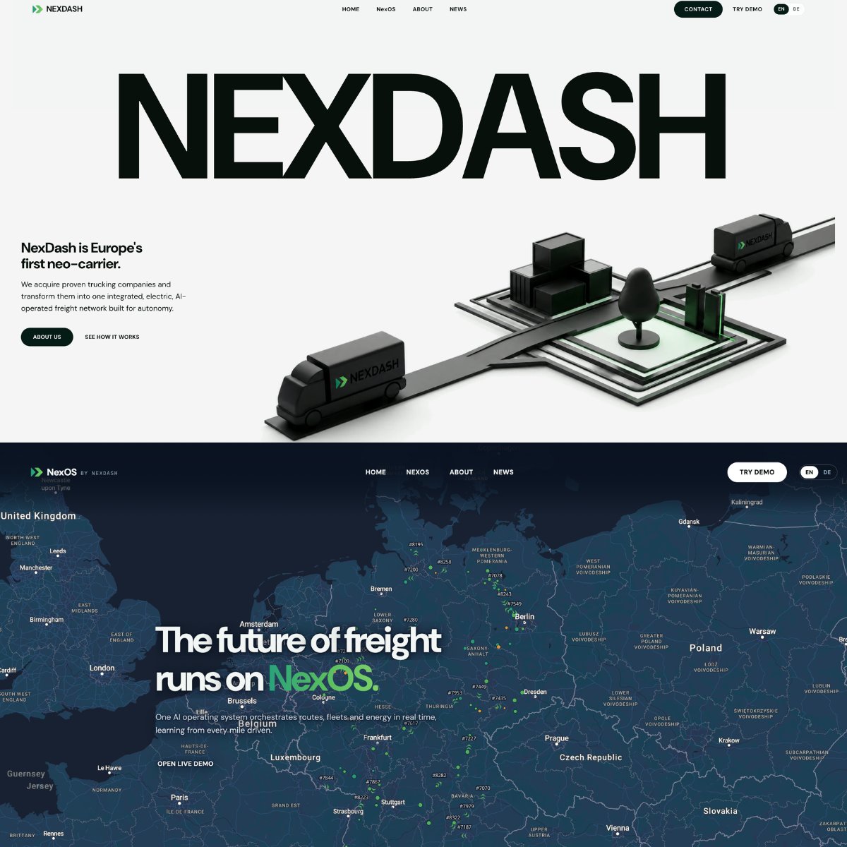 NexDash's tweet photo. New website. Same mission. 🚛 ⚡ 

NexDash is building Europe's freight network for the autonomous age: consolidated, electric, AI-operated. 

What you'll find on the new site:

⚡The live NexOS demo, plan a route, see the battery math yourself
⚡How the model works, from acquisition to autonomy
⚡The team building it
⚡Where to reach us if you’re a shipper or a fleet owner looking for succession 

Explore it here: https://t.co/k5ZyjuKLD0