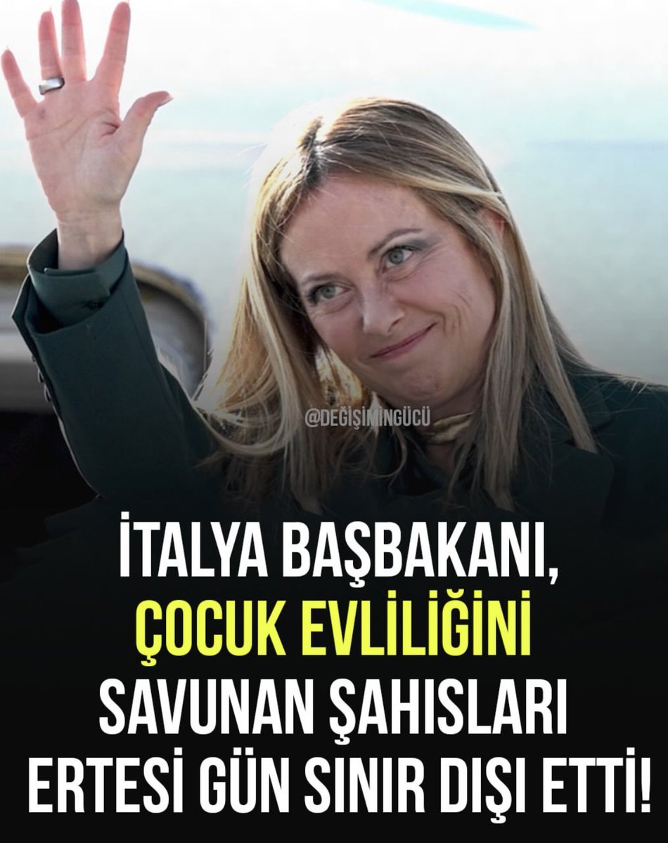TCAyla35's tweet photo. İtalya'da dokuz yaşındaki kız çocuklarıyla evliliği savunduğu belirtilen bir kişinin, Başbakan Giorgia Meloni'nin talimatıyla yirmi dört saat içinde sınır dışı edilmesi ülkede geniş yankı uyandırdı. 
Helal olsun! 👏 https://t.co/L3iWIddjJe